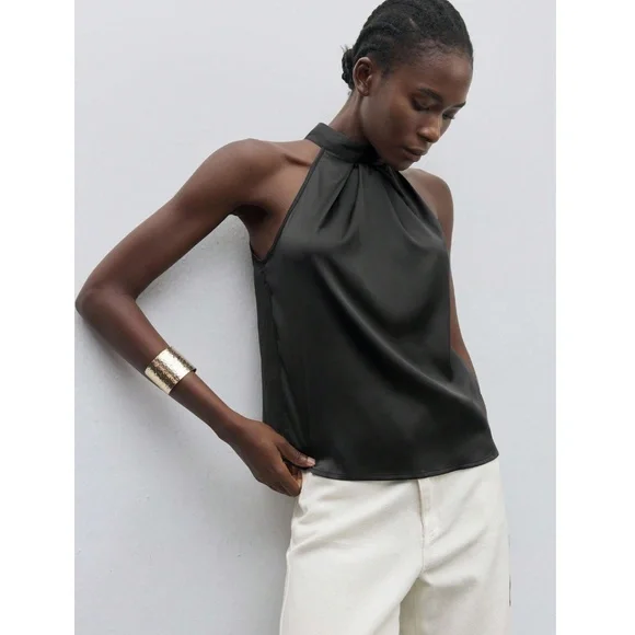 Black Satin Halter Blouse Top - Picture 4 of 8